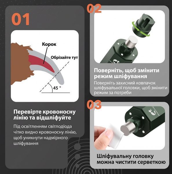 Акумуляторний гріндер для кігтів із підсвічуванням (2 швидкості) &mdash; Електричний тример-когтеріз для собак і котів 332227 фото
